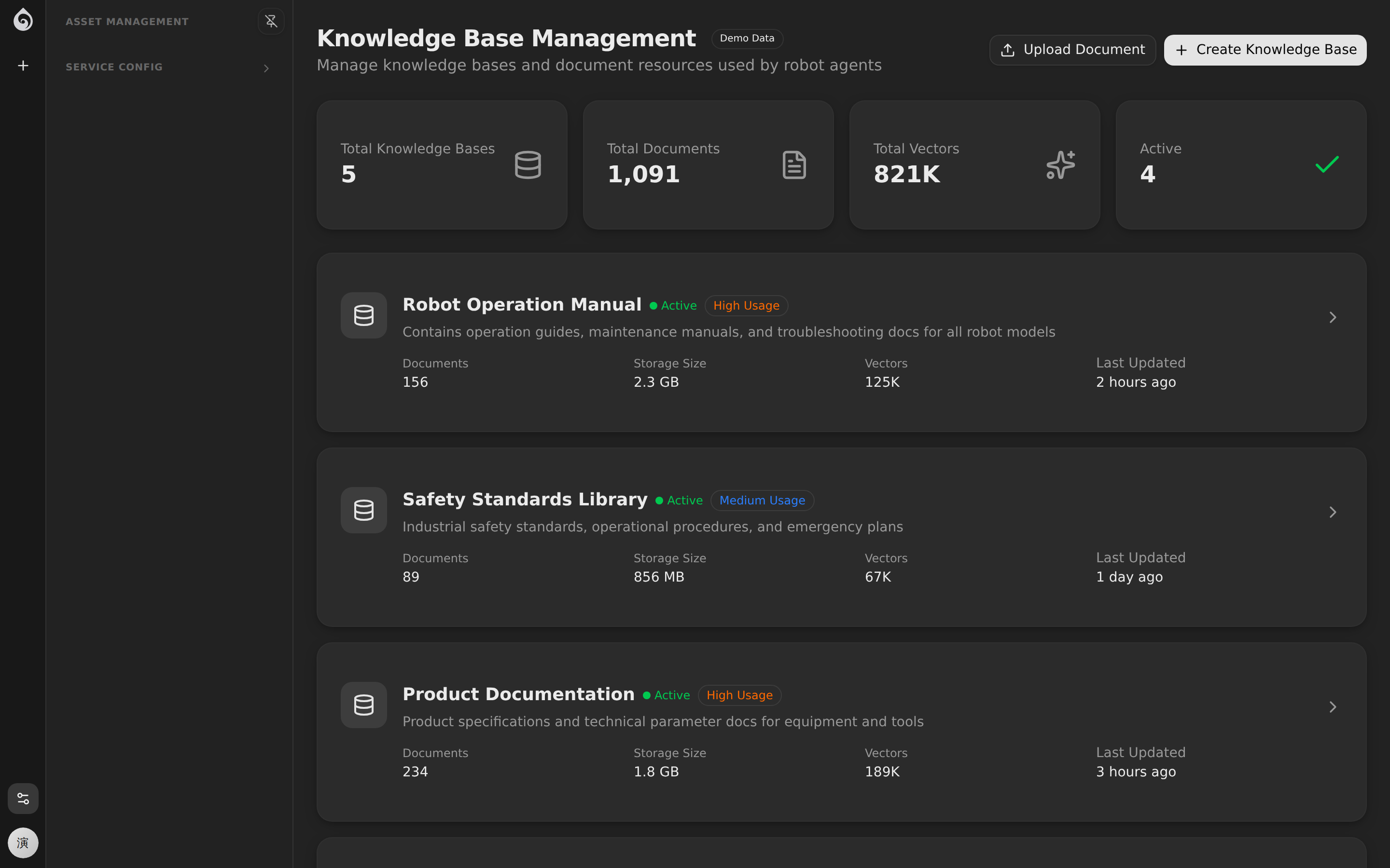 Knowledge base page with shared documents and retrieval assets